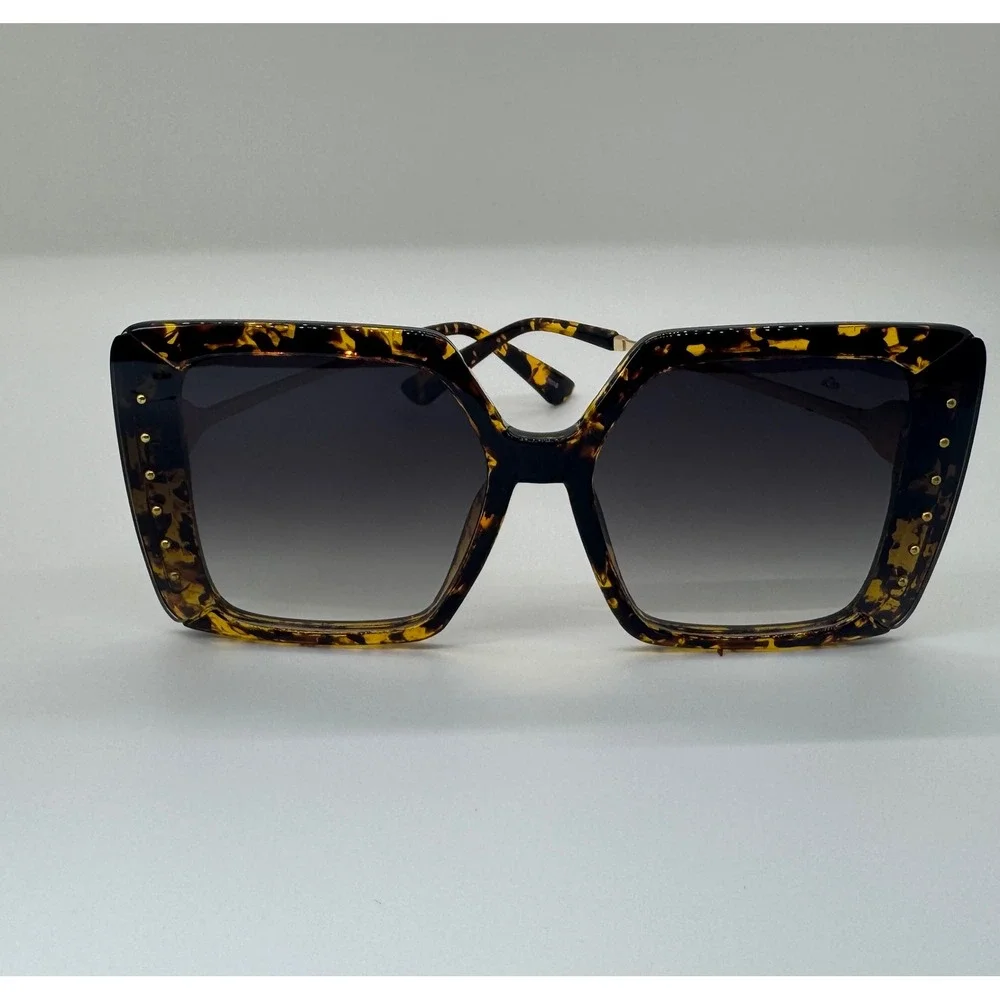 Oversized Square Tortoiseshell Sunglasses Gold Stud Crystal Medallion UV400